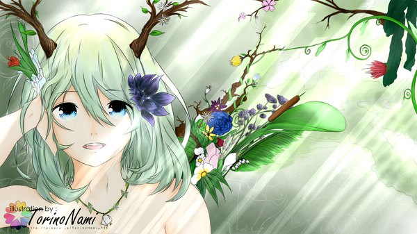 Anime picture 1920x1080 with original turin wave (artist) single long hair looking at viewer highres open mouth blue eyes smile wide image bare shoulders hair flower green hair inscription teeth hand on head girl hair ornament flower (flowers) rose (roses)