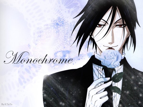 Anime picture 1600x1200 with kuroshitsuji a-1 pictures sebastian michaelis looking at viewer short hair black hair red eyes light smile wallpaper butler boy gloves necktie rose (roses) suit blue rose