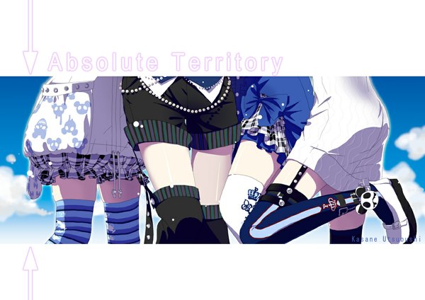 Anime picture 1000x708 with original kasane multiple girls sky cloud (clouds) inscription zettai ryouiki plaid no face girl thighhighs dress bow shoes shorts frills garter straps striped thighhighs 4 girls sweater dress