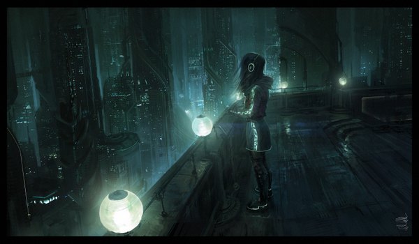 Anime picture 1600x935 with original andreewallin (artist) single long hair black hair wide image city cityscape science fiction girl jacket headphones lantern
