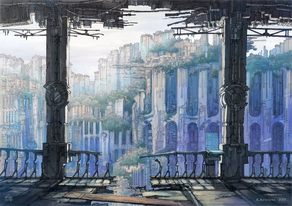 Anime picture 1600x1132 with original k kanehira no people landscape scenic ruins futuristic building (buildings) fence