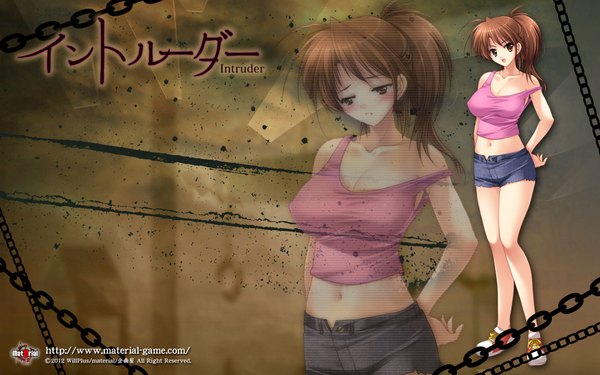Anime picture 1920x1200 with intruder itou youko (intruder) yamamoto kazue long hair blush highres brown hair wide image ponytail midriff zoom layer girl navel shorts