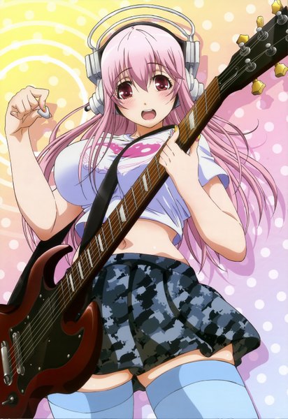 Anime picture 4085x5938 with nitroplus nyantype super sonico long hair tall image looking at viewer blush highres open mouth red eyes pink hair absurdres official art girl thighhighs skirt headphones guitar