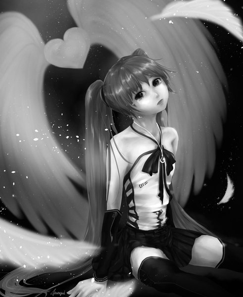 Anime picture 1500x1831 with vocaloid hatsune miku 4bangai (artist) single long hair tall image twintails bare shoulders black background monochrome girl thighhighs black thighhighs detached sleeves wings feather (feathers)