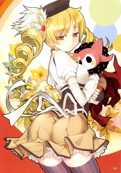 Anime picture 2107x3000 with mahou shoujo madoka magica shaft (studio) tomoe mami mikazuki akira single long hair tall image highres blonde hair twintails brown eyes scan drill hair girl thighhighs dress gloves flower (flowers) detached sleeves fingerless gloves