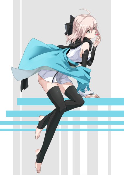 Anime picture 1240x1753 with fate (series) fate/grand order koha-ace okita souji (fate) (all) okita souji (koha-ace) leris muma single tall image looking at viewer blush fringe short hair light erotic hair between eyes silver hair full body ahoge traditional clothes japanese clothes barefoot