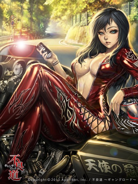 Anime picture 1600x2133 with furyou michi ~gang road~ original xaxak single long hair tall image looking at viewer breasts blue eyes light erotic black hair sitting inscription mole wet lipstick girl plant (plants) tree (trees) bracelet