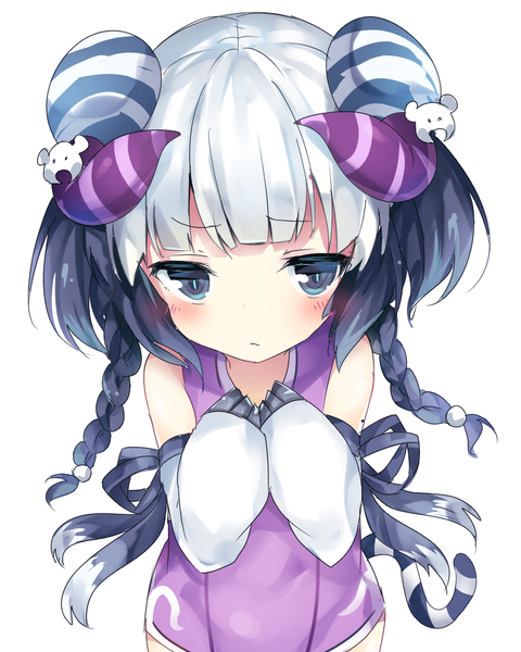 Anime picture 800x1000 with puzzle & dragons haku (p&d) umibouzu (niito) single long hair tall image looking at viewer blush fringe blue eyes simple background white background bare shoulders purple hair white hair tail braid (braids) animal tail horn (horns) twin braids