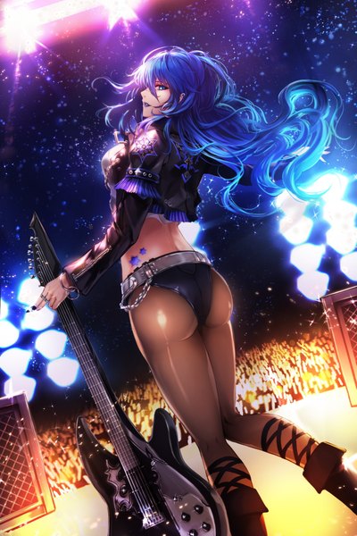 Anime picture 1333x2000 with original a-line single long hair tall image looking at viewer blue eyes light erotic blue hair ass profile girl pantyhose jacket belt guitar electric guitar