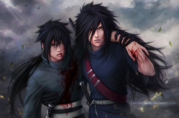 Anime picture 3458x2285 with naruto studio pierrot naruto (series) uchiha madara uchiha izuna zetsuai89 long hair highres open mouth black hair red eyes absurdres sky cloud (clouds) one eye closed lips wink black eyes realistic multiple boys