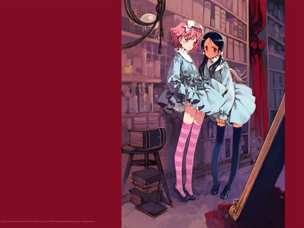 Anime picture 1024x768 with shoujo mahou gaku little witch romanesque littlewitch aria vancleef kaya xavier oyari ashito long hair looking at viewer short hair blue eyes light erotic black hair standing twintails multiple girls pink hair full body indoors wallpaper low twintails skirt lift
