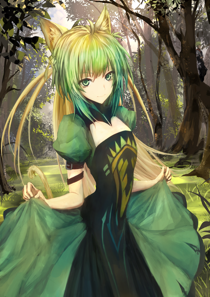 Anime picture 1447x2046 with fate (series) fate/grand order atalanta (fate) kaze minoru so-ru single long hair tall image looking at viewer fringe breasts blonde hair smile twintails holding green eyes animal ears payot ahoge tail profile