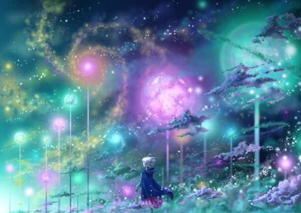 Anime picture 1280x905 with original leaf4696(pixiv 3162829) single short hair sky cloud (clouds) white hair from behind space girl cloak planet galaxy