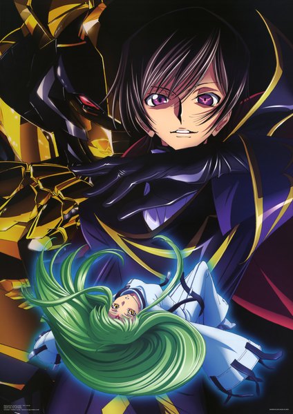 Anime picture 4973x7029 with code geass sunrise (studio) c.c. lelouch lamperouge chiba yuriko nakada eiji long hair tall image looking at viewer fringe highres short hair breasts black hair smile hair between eyes purple eyes yellow eyes payot absurdres