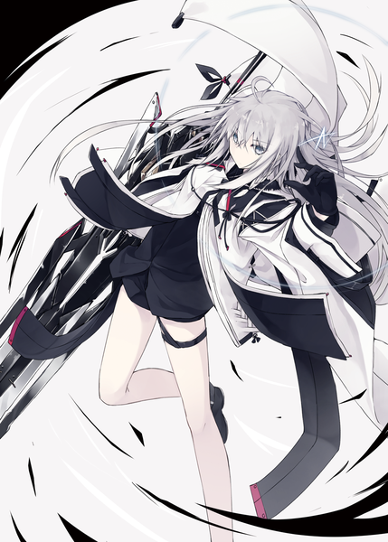 Anime picture 1037x1450 with original nagishiro mito single long hair tall image looking at viewer standing ahoge bent knee (knees) grey hair grey eyes fur trim floating hair standing on one leg leg lift (legs lift) messy hair mechanical science fiction girl gloves