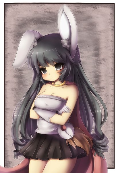 Anime picture 1122x1635 with midna01 single long hair tall image blush fringe breasts black hair bare shoulders animal ears black eyes bunny ears bunny girl crossed arms framed silver eyes girl skirt miniskirt cloak