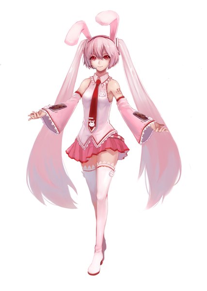 Anime picture 2893x4064 with vocaloid hatsune miku sola7764 single long hair tall image looking at viewer highres simple background smile red eyes white background twintails bare shoulders animal ears pink hair bunny ears girl skirt detached sleeves