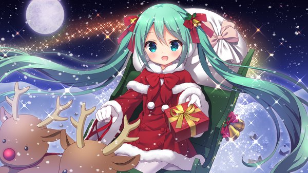 Anime picture 1200x675 with vocaloid hatsune miku chitosezaka suzu single long hair looking at viewer blush fringe open mouth smile hair between eyes wide image twintails very long hair :d aqua eyes aqua hair night sparkle fur trim