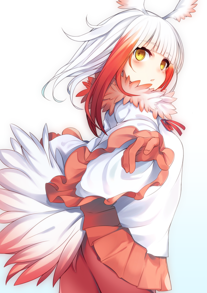 Anime picture 1061x1500 with kemono friends crested ibis (kemono friends) otokuyou single tall image looking at viewer blush fringe short hair open mouth light erotic standing white background holding yellow eyes ass white hair red hair tail blunt bangs