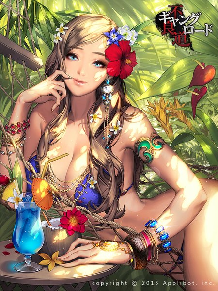 Anime picture 700x933 with furyou michi ~gang road~ love cacao single long hair tall image looking at viewer breasts blue eyes light erotic hair flower lips finger to mouth girl hair ornament flower (flowers) swimsuit earrings bikini bracelet hibiscus