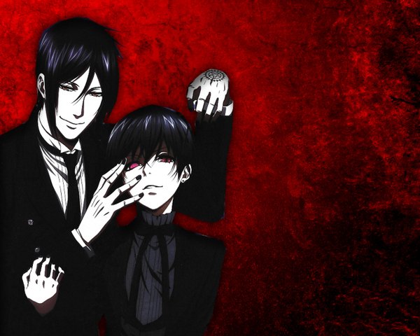 Anime picture 1280x1024 with kuroshitsuji a-1 pictures sebastian michaelis ciel phantomhive looking at viewer short hair black hair red eyes nail polish multiple boys heterochromia red background boy earrings necktie bowtie 2 boys suit