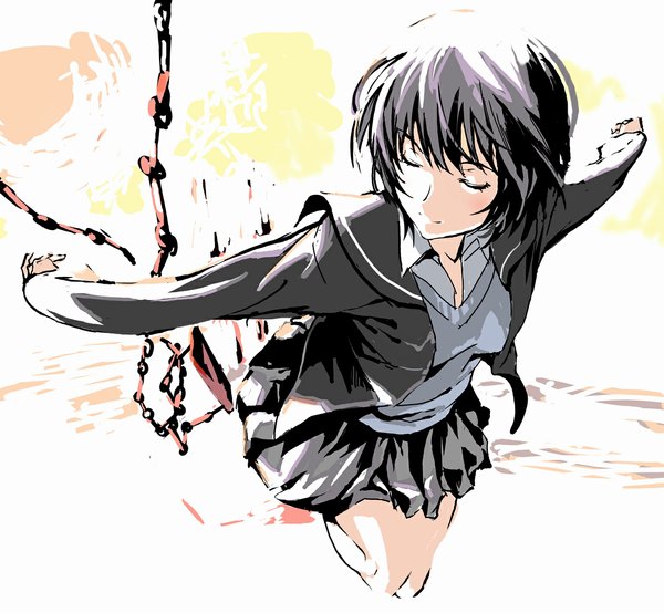 Anime picture 1188x1097 with amagami nanasaki ai shino (comic penguin club) single short hair black hair simple background eyes closed light smile flat chest spread arms jumping girl miniskirt chain swing