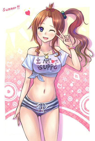 Anime picture 743x1100 with original xia you qing suikakitsu shiro single long hair tall image looking at viewer open mouth blue eyes light erotic brown hair ponytail one eye closed wink midriff side ponytail victory girl navel shorts