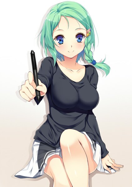 Anime picture 566x800 with original yappen single tall image looking at viewer blush short hair breasts simple background smile large breasts white background sitting holding bent knee (knees) braid (braids) green hair single braid side braid girl