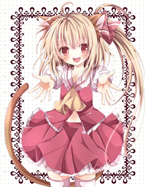 Anime picture 800x1026 with touhou flandre scarlet nanase nao tall image looking at viewer blush short hair open mouth blonde hair red eyes animal ears cat ears girl thighhighs dress skirt white thighhighs skirt set