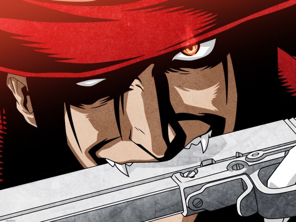 Anime picture 1600x1200 with hellsing alucard (hellsing) red eyes vampire weapon hat gun