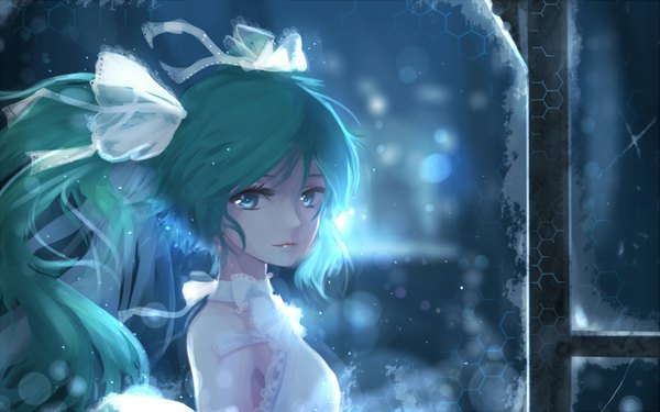 Anime picture 1600x1000 with vocaloid hatsune miku qys3 single long hair looking at viewer blue eyes twintails lips aqua hair alternate costume girl bow hair bow