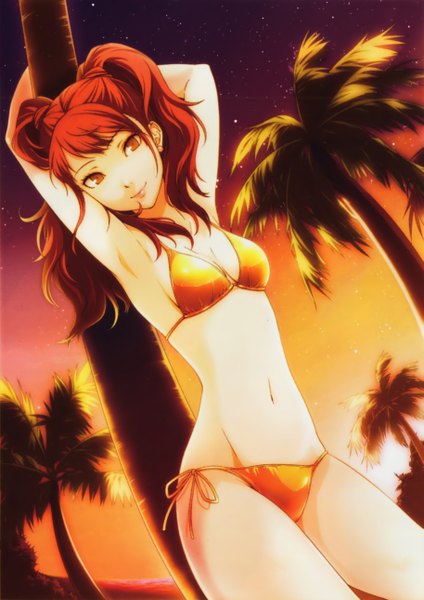 Anime picture 1825x2580 with persona 4 persona kujikawa rise tagme (artist) single long hair tall image looking at viewer highres light erotic brown hair standing twintails sky lips night arms up orange eyes evening sunset