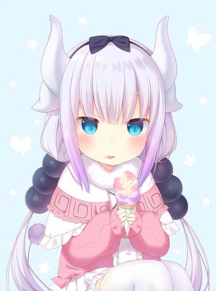 Anime picture 1000x1341 with kobayashi-san chi no maidragon kyoto animation kanna kamui nachi single long hair tall image looking at viewer blush blue eyes sitting twintails holding silver hair tail horn (horns) loli sleeves past wrists blue background licking