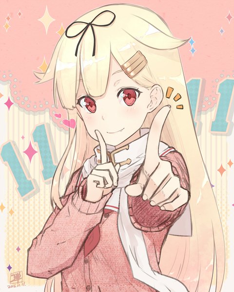 Anime picture 864x1080 with kantai collection yuudachi destroyer dan (kumadan) single long hair tall image looking at viewer blush fringe blonde hair smile red eyes ahoge upper body long sleeves fingernails fang (fangs) outstretched arm finger to mouth dated