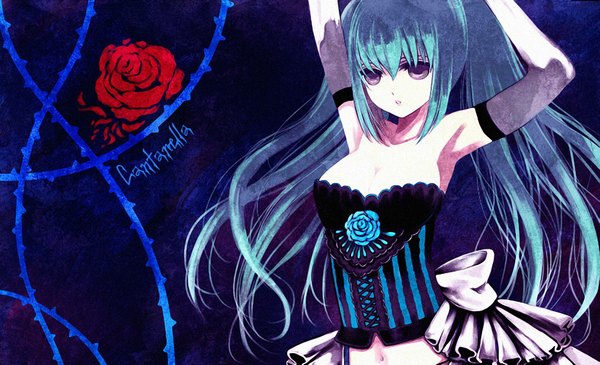 Anime picture 2025x1233 with vocaloid hatsune miku single long hair highres open mouth wide image purple eyes bare shoulders cleavage aqua hair arms up armpit (armpits) girl gloves navel elbow gloves rose (roses)