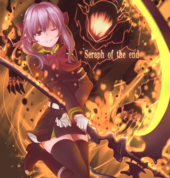 Anime picture 1650x1720 with owari no seraph wit studio hiiragi shinoa chunairenzu single long hair tall image fringe smile hair between eyes holding brown eyes payot purple hair bent knee (knees) long sleeves head tilt one eye closed zettai ryouiki copyright name