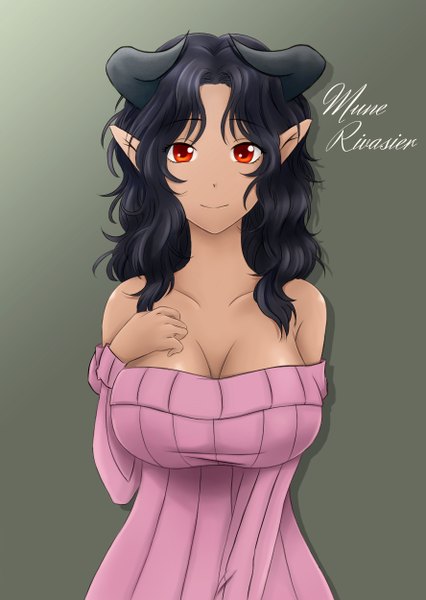 Anime picture 888x1250 with lchrno single long hair tall image looking at viewer breasts light erotic black hair simple background red eyes large breasts bare shoulders horn (horns) light smile pointy ears dark skin girl