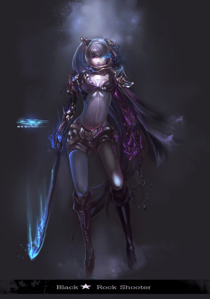 Anime picture 2079x2953 with black rock shooter black rock shooter (character) saberx (artist) single long hair tall image highres blue eyes black hair twintails lipstick glowing glowing eye (eyes) purple lipstick girl weapon sword shorts chain bikini top