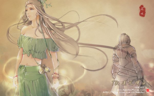 Anime picture 1440x900 with original huachui (artist) long hair wide image bare shoulders brown eyes signed looking away ponytail midriff back girl boy navel bracelet armor teardrop