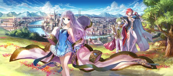 Anime picture 1719x759 with kenja no deshi wo nanoru kenja fuzichoco looking at viewer highres open mouth blue eyes red eyes wide image multiple girls sky silver hair cloud (clouds) red hair green hair city mountain river girl dress boy