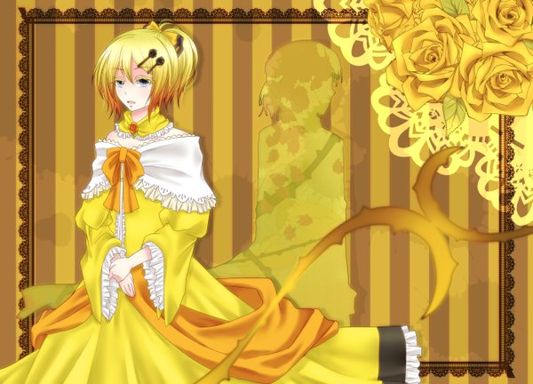 Anime picture 2786x2008 with vocaloid kagamine rin kagamine len wk (artist) single looking at viewer highres short hair open mouth blue eyes blonde hair bare shoulders long sleeves back silhouette girl dress hair ornament hairclip rose (roses)