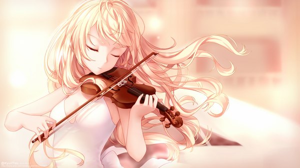 Anime picture 1920x1080 with shigatsu wa kimi no uso a-1 pictures miyazono kaori kyuri tizu single long hair highres blonde hair wide image eyes closed playing instrument girl dress musical instrument violin bow (instrument)