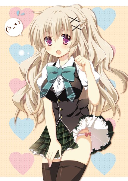 Anime picture 900x1270 with original pokopi single long hair tall image looking at viewer blush open mouth light erotic purple eyes white hair girl thighhighs skirt bow black thighhighs