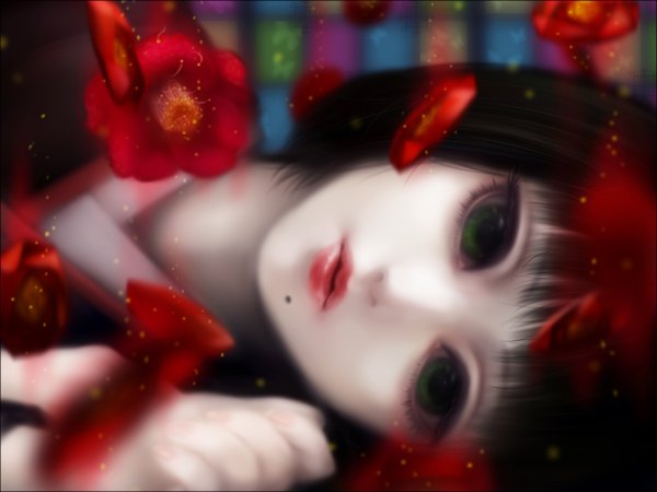 Anime picture 1250x938 with hunter x hunter kalluto zoldyck pechiko single looking at viewer fringe short hair black hair green eyes lying traditional clothes japanese clothes blurry realistic mole lipstick mole under mouth otoko no ko boy flower (flowers)