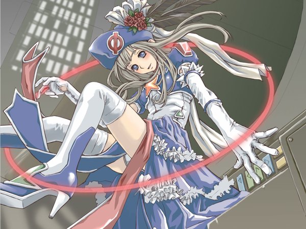 Anime picture 1600x1200 with long hair highres blue eyes silver hair high heels thighs dress gloves flower (flowers) ribbon (ribbons) hat elbow gloves shoes rose (roses) feather (feathers) opera temp h