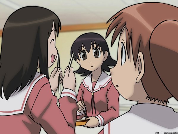 Anime picture 1600x1200 with azumanga daioh j.c. staff kasuga ayumu mihama chiyo takino tomo vector girl chopsticks