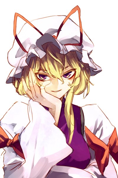 Anime picture 1000x1500 with touhou yakumo yukari eredhen single tall image looking at viewer short hair simple background blonde hair smile white background purple eyes arm support portrait alternate hairstyle hand on cheek alternate hair length girl bow bonnet