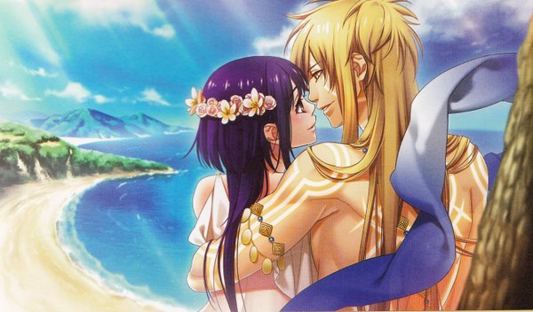 Anime picture 1308x768 with kamigami no asobi brains base (studio) kusanagi yui apollo agane belea yone kazuki long hair blush fringe blonde hair smile wide image brown eyes yellow eyes sky purple hair cloud (clouds) hair flower sunlight scan tattoo