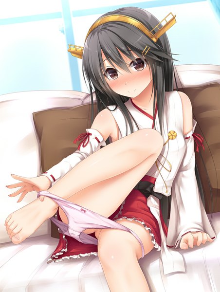 Anime picture 800x1062 with kantai collection haruna battleship haryuu (poetto) single long hair tall image looking at viewer blush light erotic black hair smile bare shoulders brown eyes legs girl hair ornament underwear panties detached sleeves