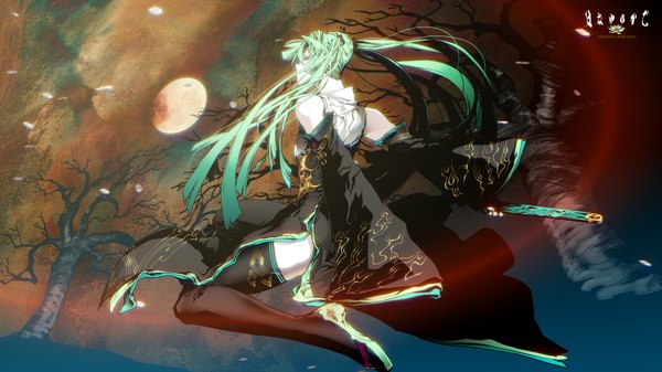 Anime picture 1920x1080 with vocaloid hatsune miku nagimiso single long hair highres wide image twintails very long hair japanese clothes aqua eyes aqua hair girl thighhighs detached sleeves sword katana moon